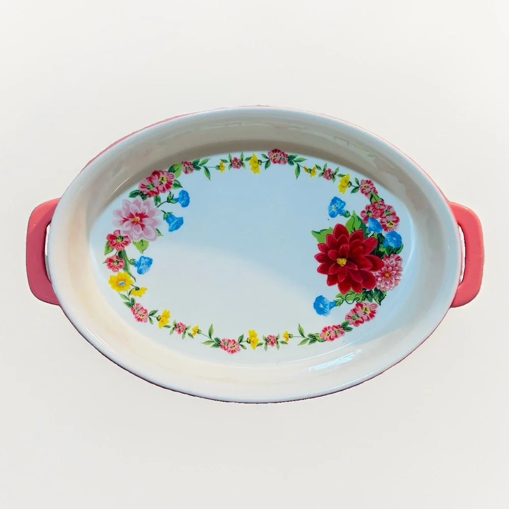 Pioneer Woman Peach Floral Stoneware Baking Dish Handle Flowers Pretty Blue Pink